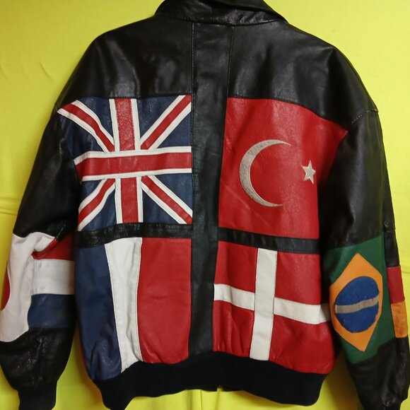 Vintage 90's Leather Jacket Very Rare International Flags Patches USA America - Picture 2 of 12